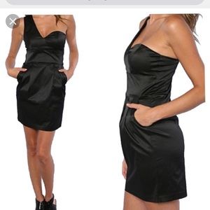 One shoulder black sheath dress